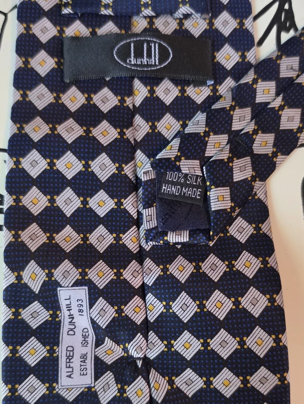 Alfred Dunhill Silk Tie Blue Gold Geometric Diamond Pattern Men’s Luxury 56x4
